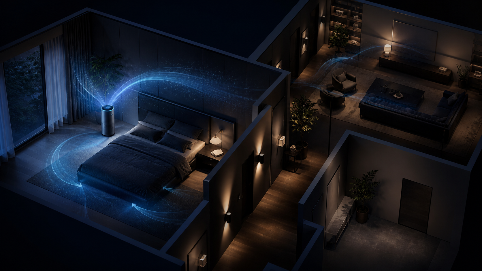 Modern home cutaway showing a bedroom-focused air purifier strategy.