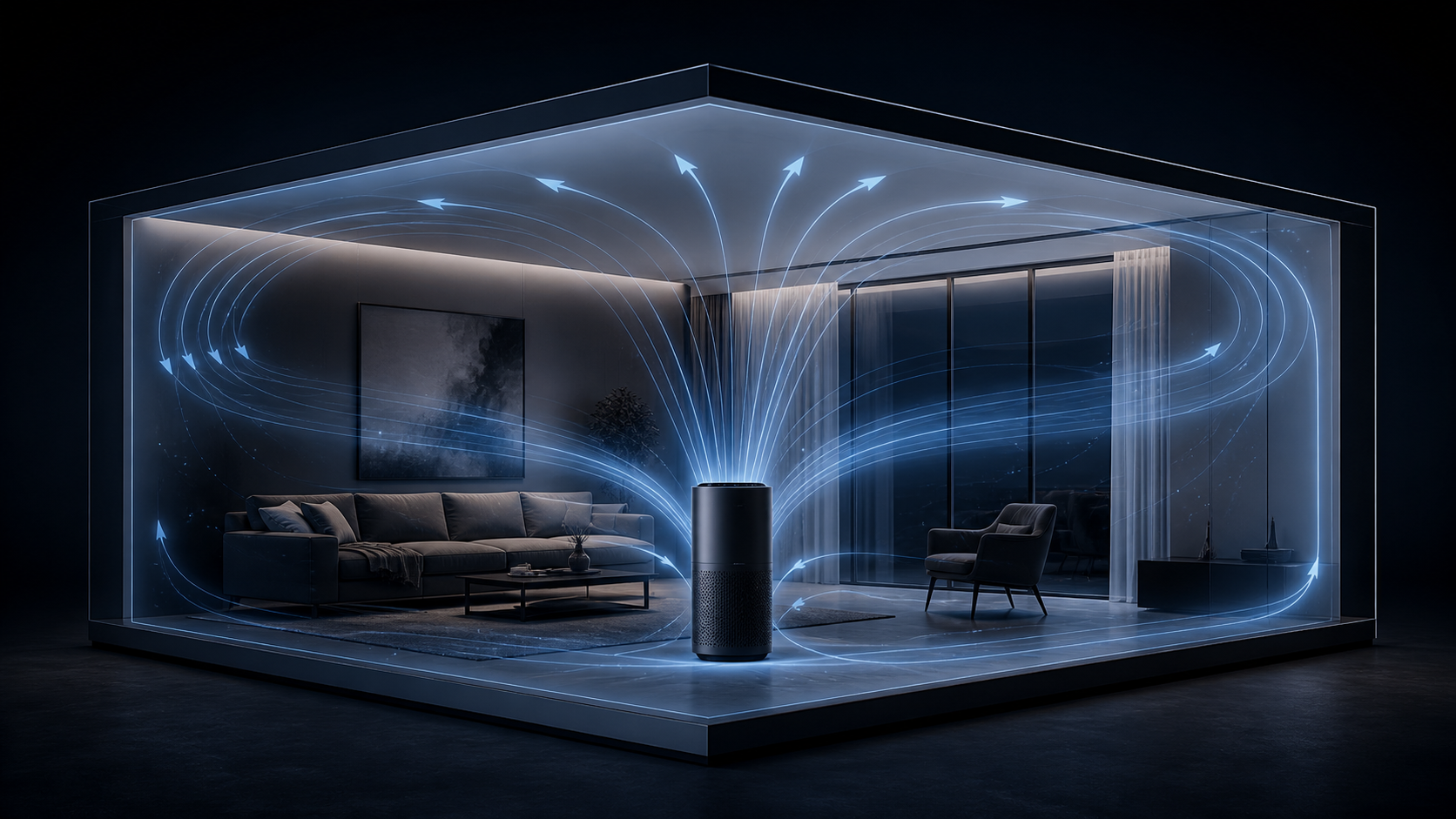 Cutaway room illustration showing airflow circulation from an air purifier.