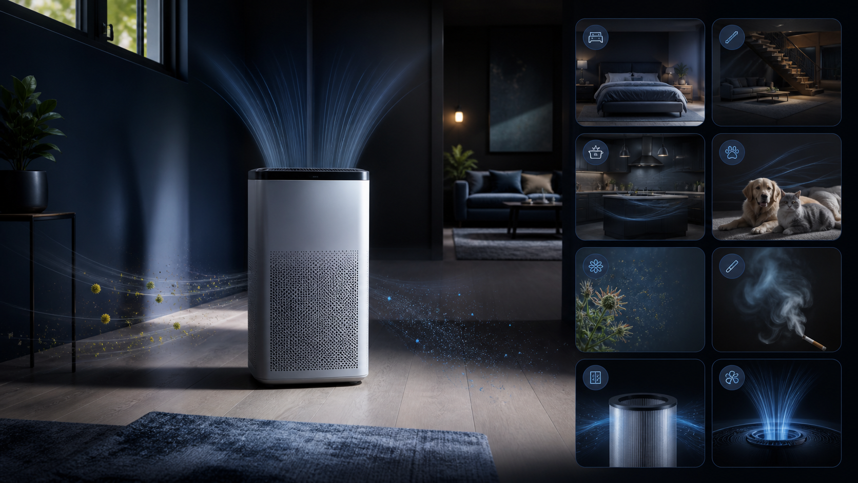 Indoor air quality guide hub showing a modern room with an air purifier and clean airflow concept