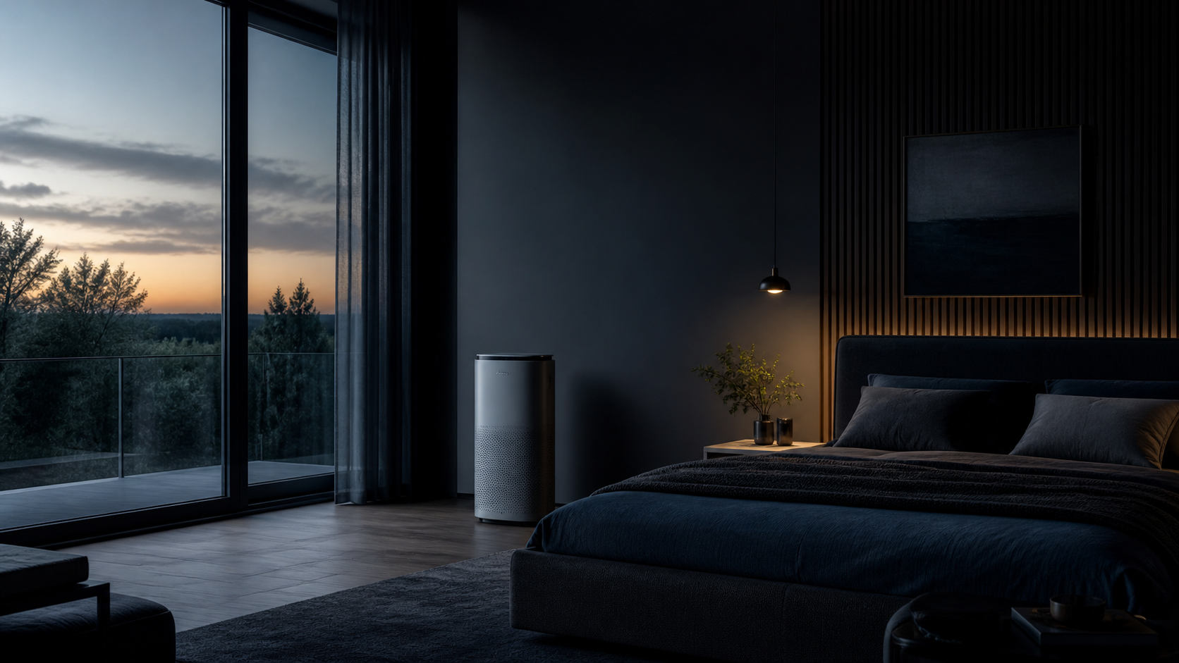 Modern bedroom with an air purifier placed near the bed for cleaner indoor air.
